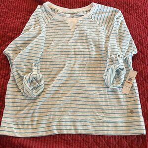 Calvin Klein Blouse Women's 2X Blue White Poly Striped Roll Tab Sleeve NWT